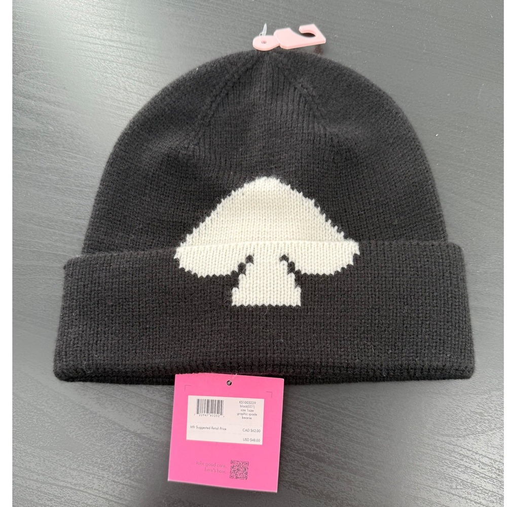Kate Spade New York Black Knit Beanie Spade Logo Hat NWT - Picture 2 of 5